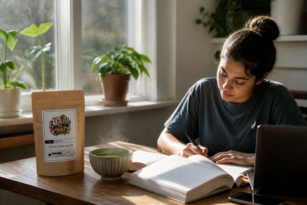 Student at wooden desk with freshly prepared matcha in ceramic bowl, warm matcha latte steaming beside open textbooks and laptop, natural window light streaming across workspace