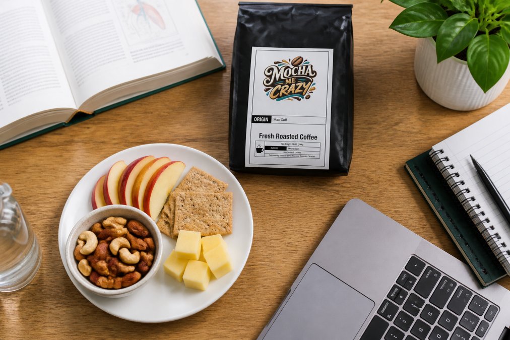 Overhead view of nutrient-dense study snacks arranged on desk: handful of mixed nuts, sliced apple, whole grain crackers, cheese cube, open textbooks and laptop nearby, natural afternoon light