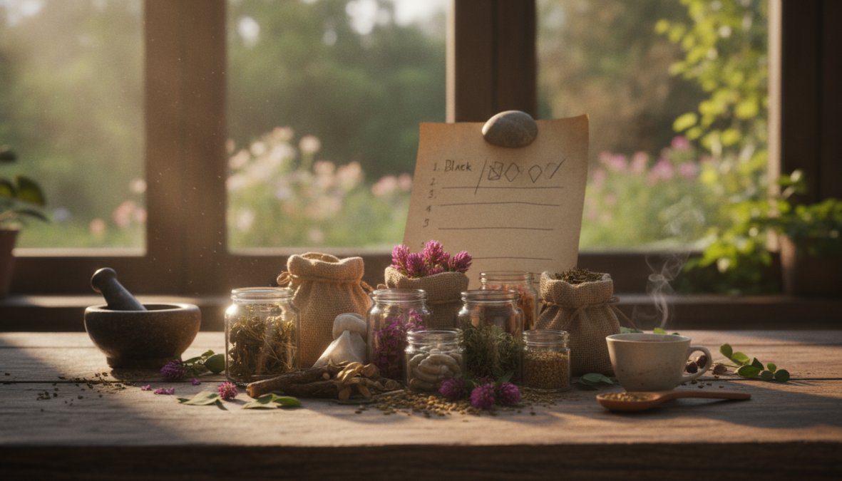 Flat-lay arrangement of amber supplement bottles, loose dried black cohosh root, whole flaxseeds, and red clover blossoms on a clean white wooden surface with soft natural window light