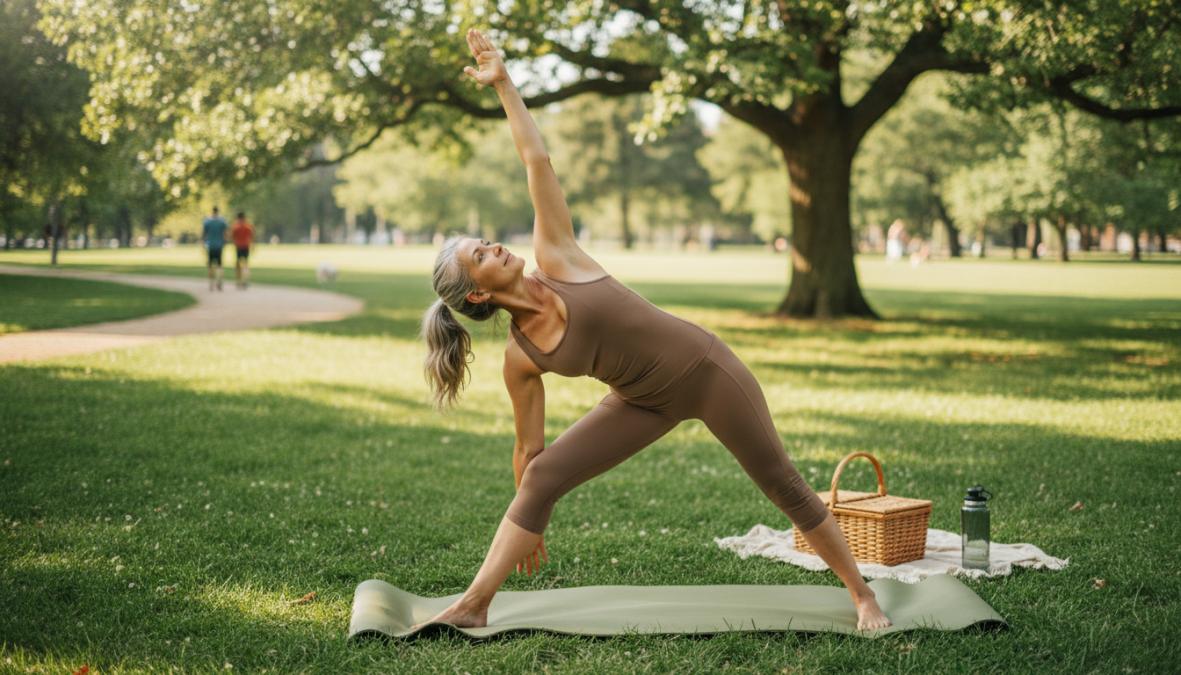 Middle-aged woman in light grey athletic wear performing a low lunge yoga stretch on a wooden deck in a sunlit park, surrounded by green trees, expression calm and focused