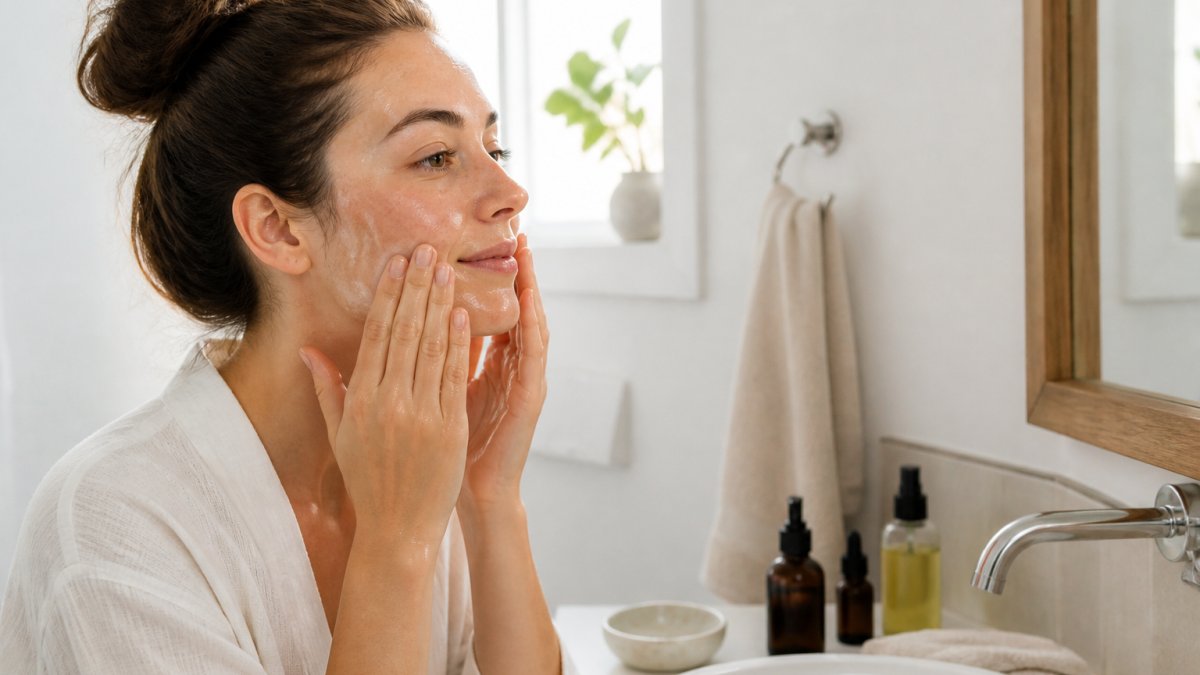 A woman with sensitive skin gently massaging oil cleanser onto her face at a bathroom sink, soft natural light, calm expression, minimal skincare products visible on the counter