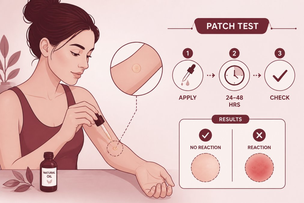 Person performing a patch test on their inner arm with careful application of natural oil using dropper, showing proper testing technique with soft natural lighting