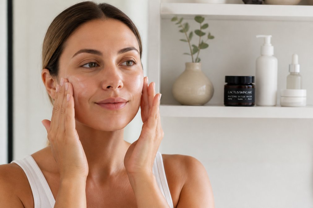 Process diagram showing steps for Woman for natural alternatives to harsh acne treatments