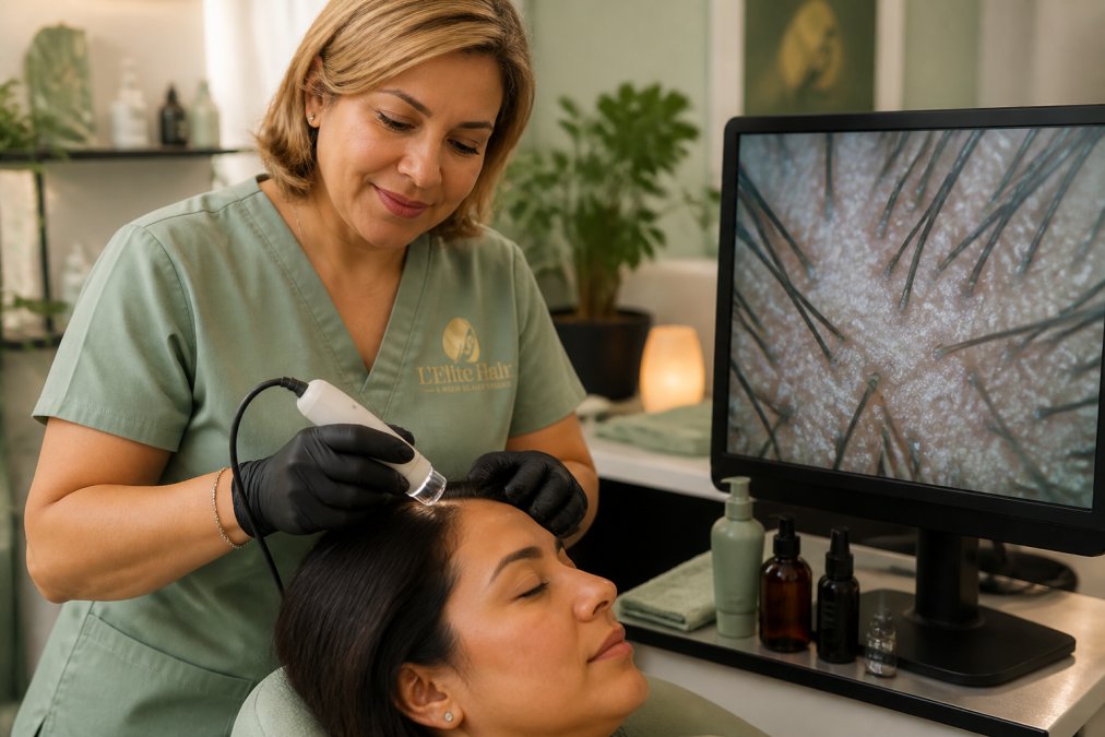 Trichologist using a digital microscope to assess a scalp before chemical scalp treatments in a salon