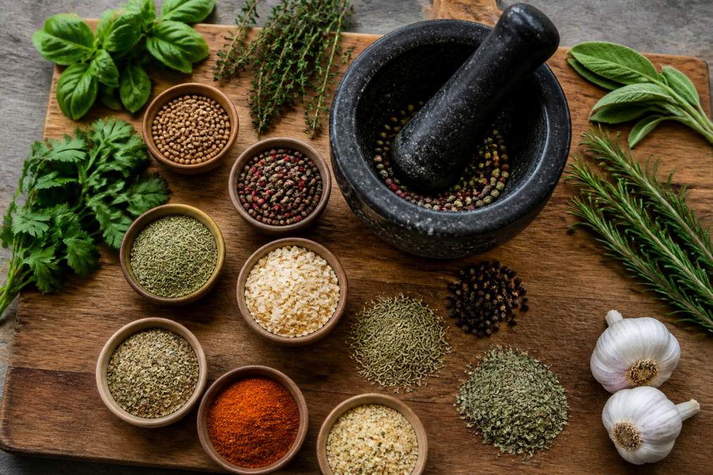 Fresh herbs and spices on a wooden board with a mortar and pestle for natural alternatives to high sodium sauces