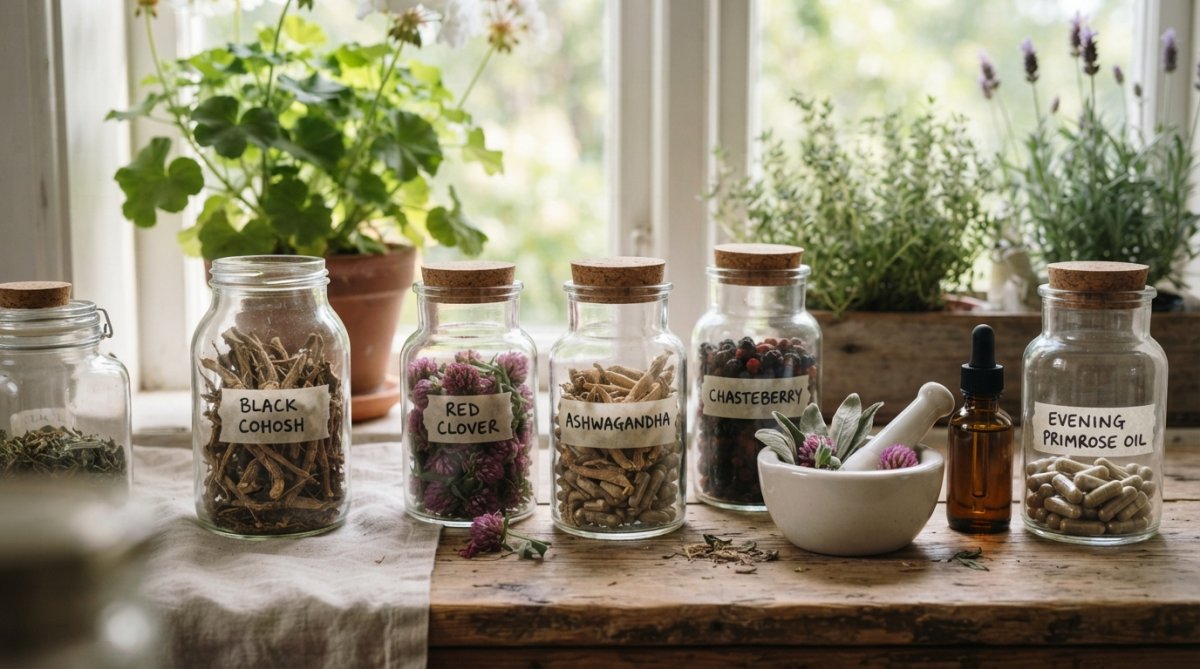 Close-up of dried herbal ingredients including black cohosh root, red clover flowers, and maca root arranged on a wooden surface with natural lighting and a mortar and pestle