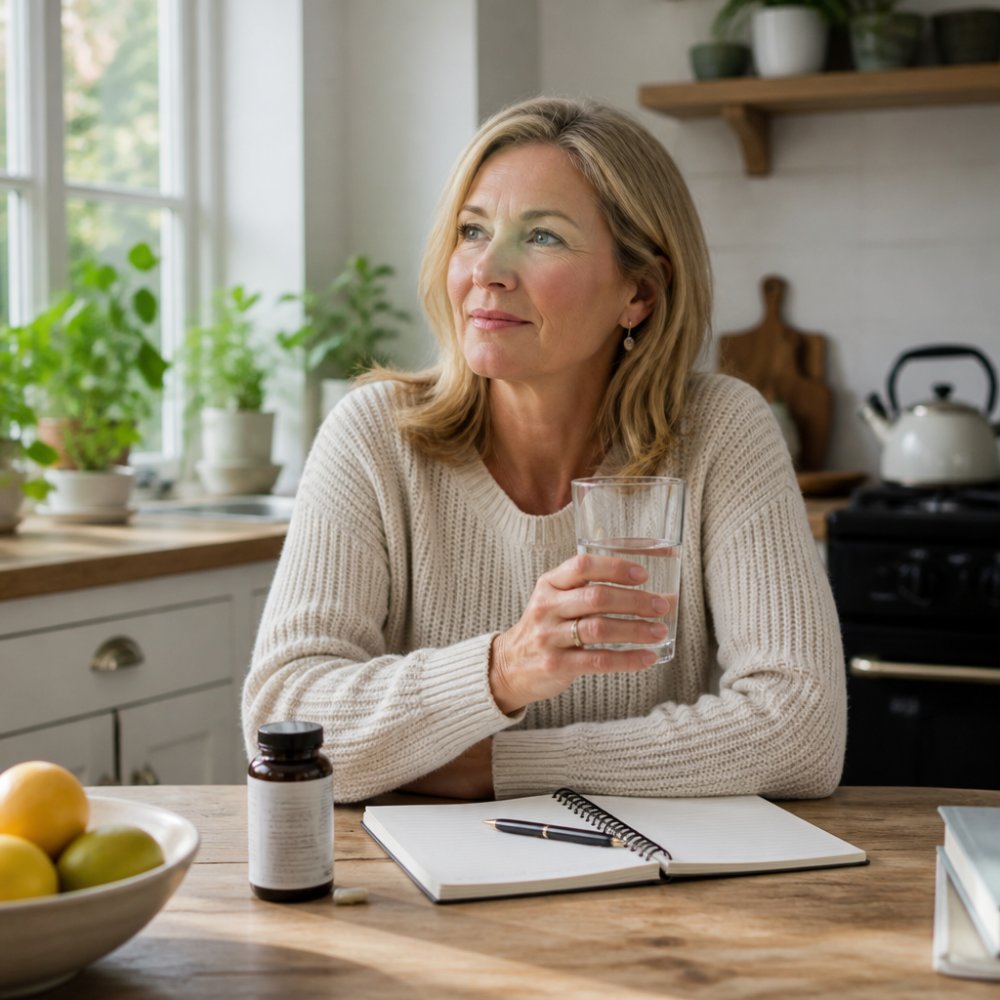 A woman in her fifties sitting at a bright kitchen table with a glass of water and a daily supplement pot beside a notebook and pen, morning light through the window