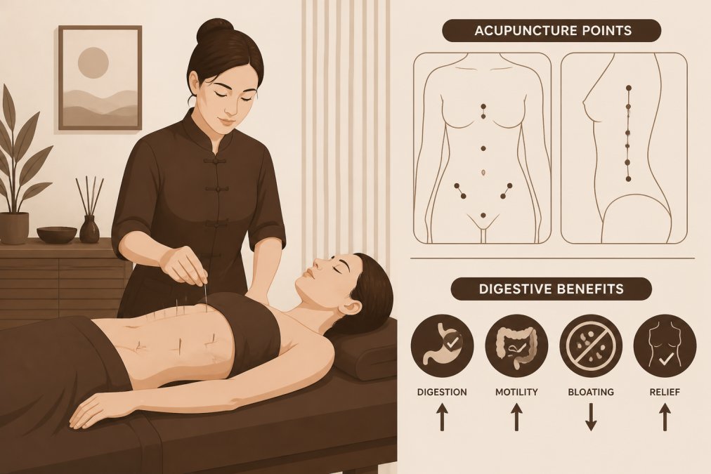 Licensed acupuncturist performing treatment on patient lying on treatment table with fine needles placed along abdomen and torso area, calm clinic setting with soft warm lighting and minimalist decor