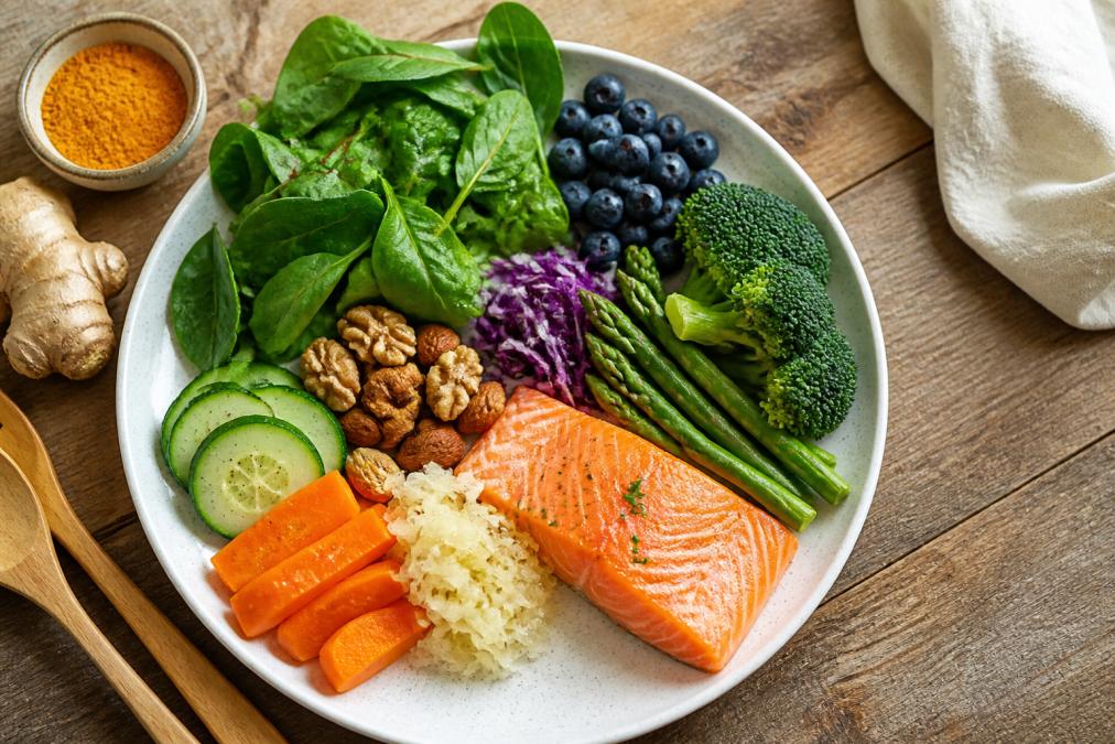 Overhead view of colorful meal plate featuring fresh ginger root, turmeric powder, leafy greens, berries, salmon, and anti-inflammatory vegetables arranged naturally on white ceramic plate with wooden utensils