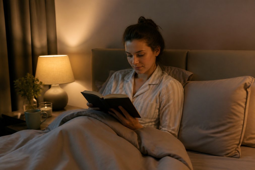Person reading in a cozy bedroom with herbal tea as a way to find natural alternatives to melatonin.
