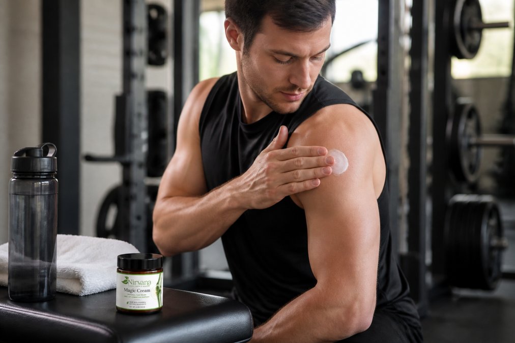 Athlete applying a natural topical cream to their shoulder after a workout, with water bottle and towel visible nearby on a gym bench with natural lighting