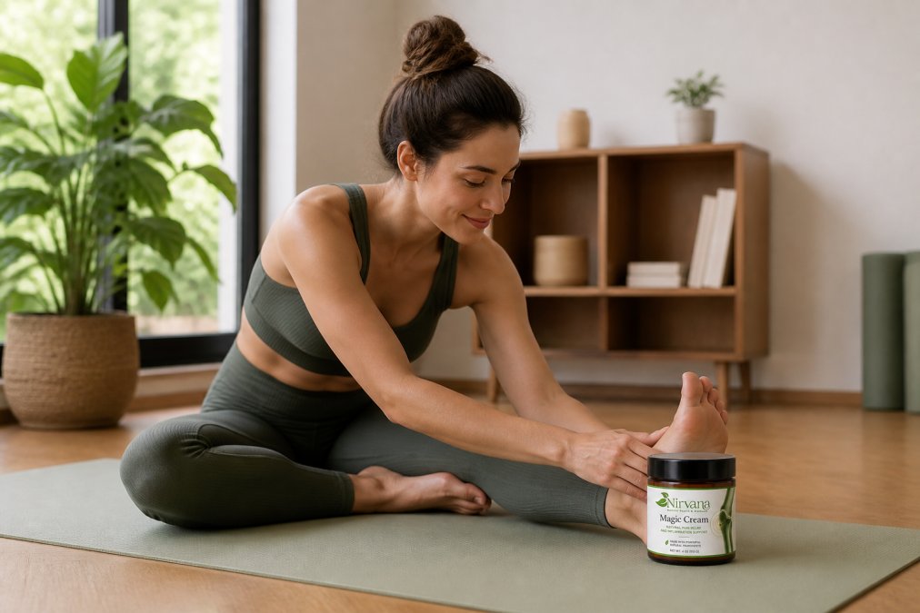 Person performing a gentle stretching exercise on a yoga mat in a calm, naturally lit room with soft natural light streaming through windows