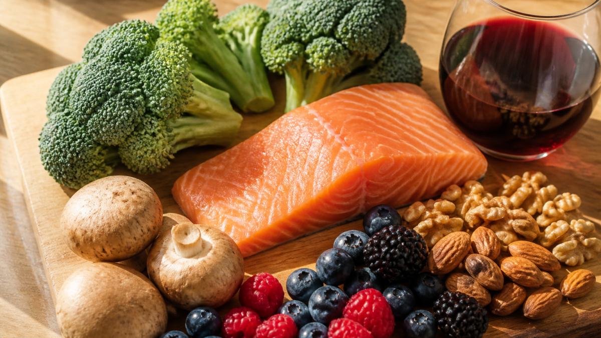 Fresh salmon, broccoli, mushrooms, berries, and nuts arranged on a wooden board for a healthy meal.