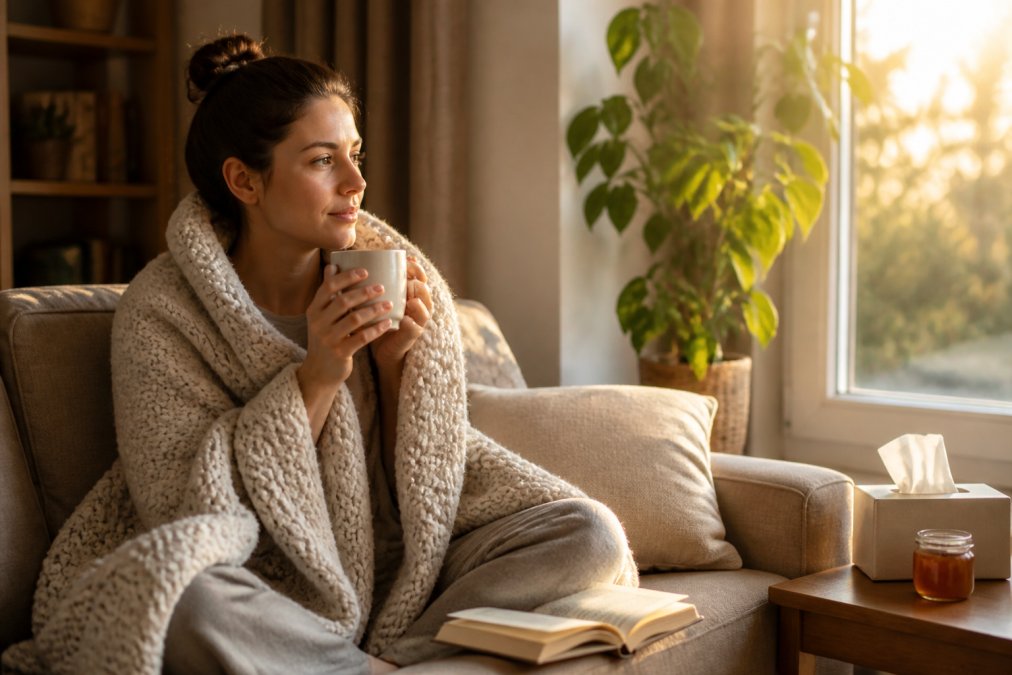 A person in a cozy living room holding a mug of warm tea, wrapped in a soft blanket with a book nearby, warm afternoon light through the window