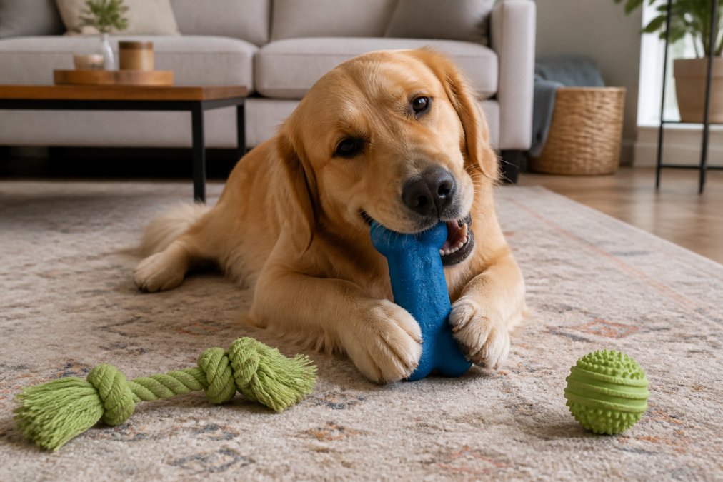 Golden retriever chewing a natural rubber toy surrounded by hemp and rubber natural alternatives to plastic dog toys