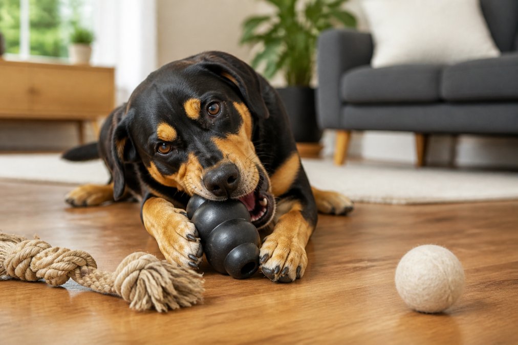 A large dog happily chewing on a thick natural rubber toy in a bright living room, with a hemp rope toy and a wool ball visible nearby on a wooden floor