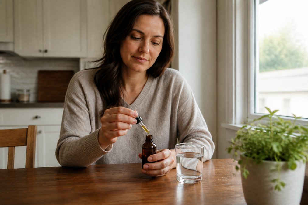 A calm adult sitting at a kitchen table with a bottle of CBD oil and a glass of water, soft morning light through a window, relaxed posture