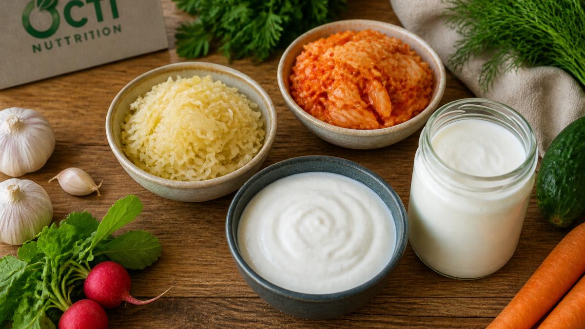 Overhead shot of fermented foods on a wooden table: bowls of sauerkraut, kimchi, yoghurt, and kefir with fresh vegetables and herbs nearby, natural daylight