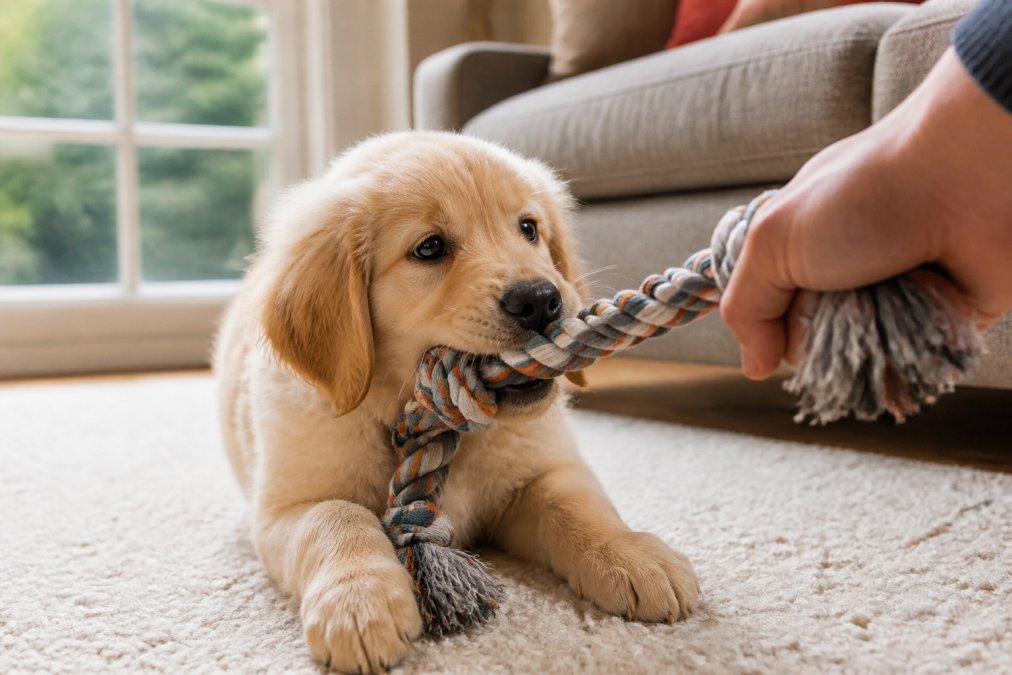 A young puppy sitting on a living room rug, gripping a thick braided rope toy between its paws while a person's hand holds the other end, bright natural light from a window