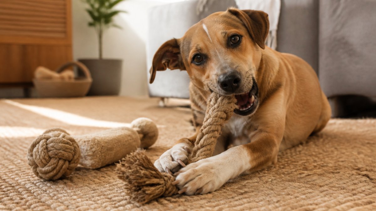 A medium-sized dog happily chewing on a thick hemp rope toy while lying on a living room rug, with a few other natural toys nearby in soft afternoon light