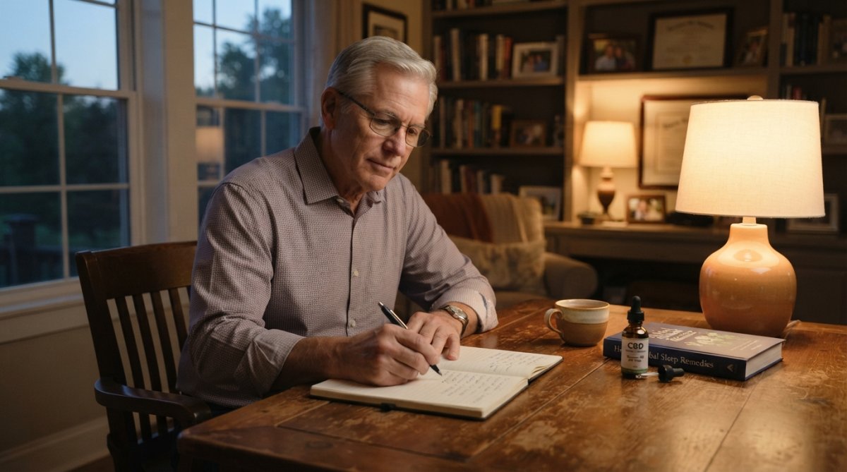Serene senior bedroom with soft warm lighting, blackout curtains partially closed, a weighted blanket draped over the bed, and a white noise machine on the nightstand