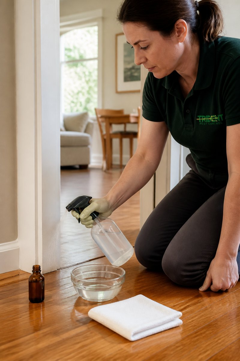 A person in casual clothes spraying a diluted peppermint oil mix along the base of a doorway in a bright Australian home, with a spray bottle and small bowl of water visible