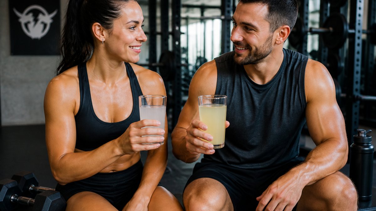 Weightlifter holding coconut water and a homemade electrolyte drink in a gym with dumbbells on a bench nearby