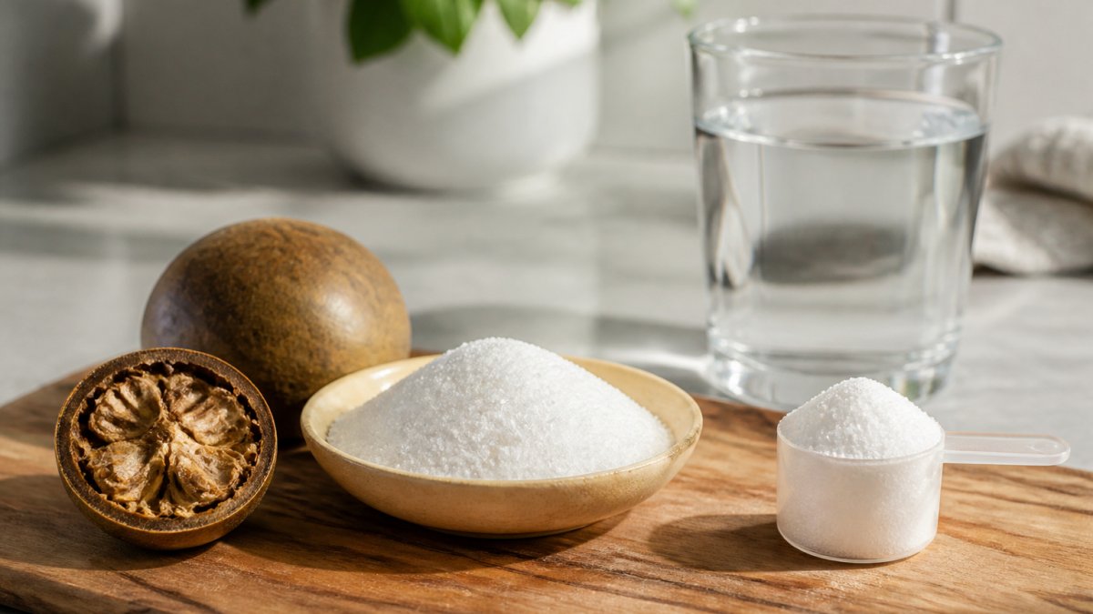 Close-up of monk fruit and a bowl of powdered sweetener on a kitchen counter, with a glass of water and a scoop, natural light