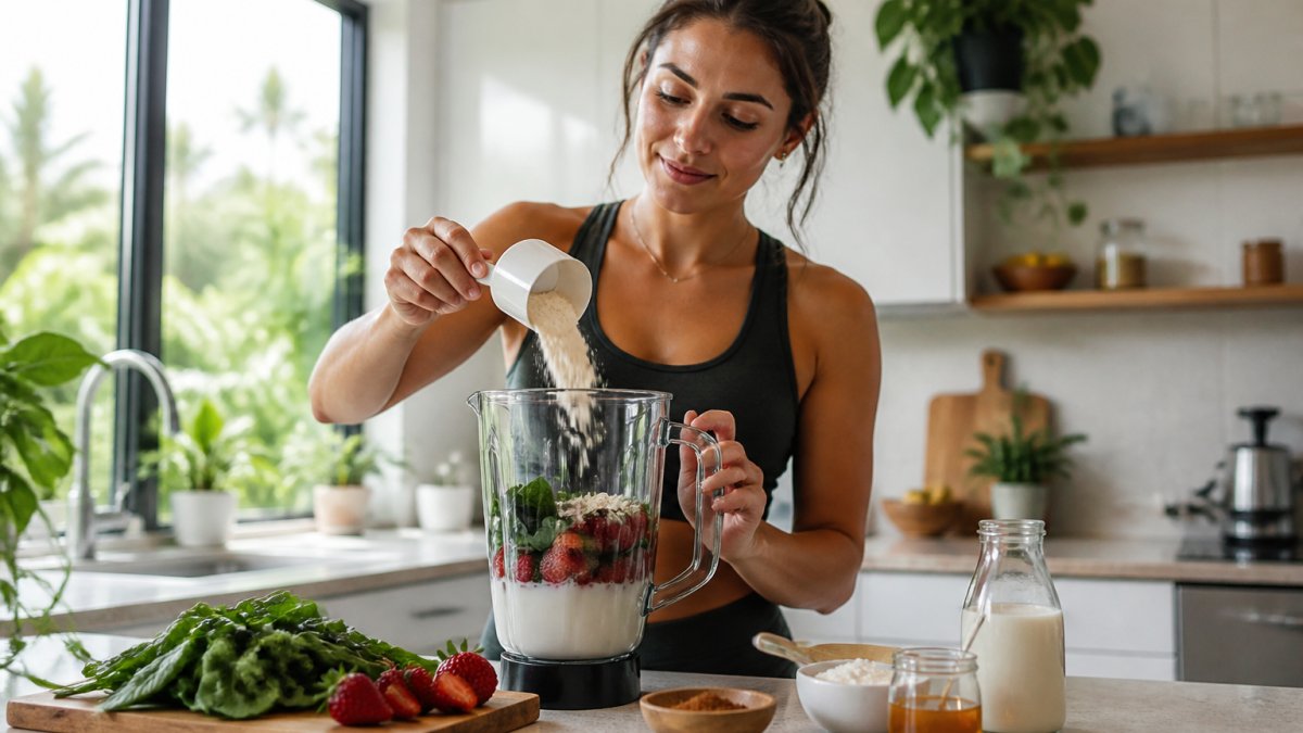 A person's hands adding a scoop of protein powder to a blender with fresh strawberries, spinach, and almond milk on a kitchen counter, with small bowls of monk fruit extract and cinnamon nearby