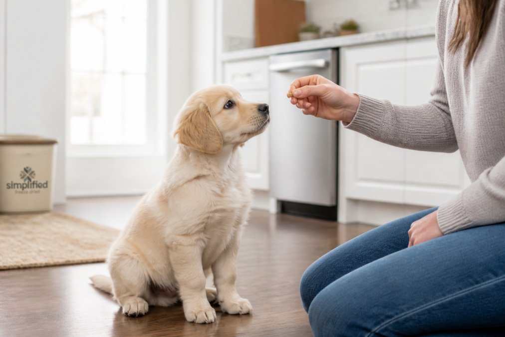 A small puppy sitting attentively on a kitchen floor while a person's hand offers a tiny piece of freeze-dried liver treat, natural light, shallow depth of field, warm home setting