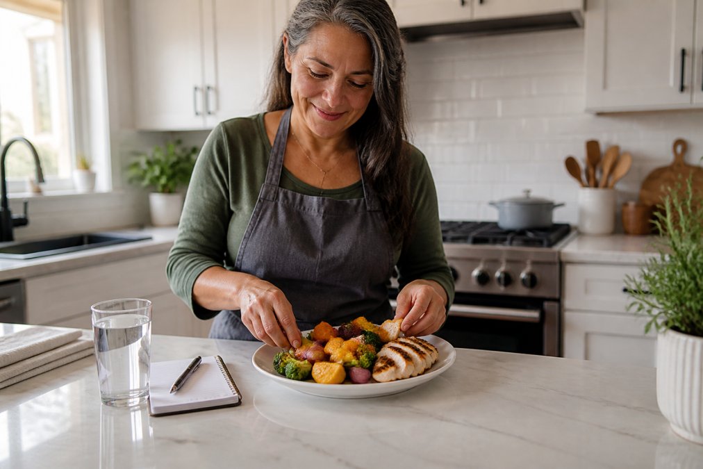 Woman in her 50s preparing a healthy meal of roasted vegetables and grilled chicken in a bright home kitchen