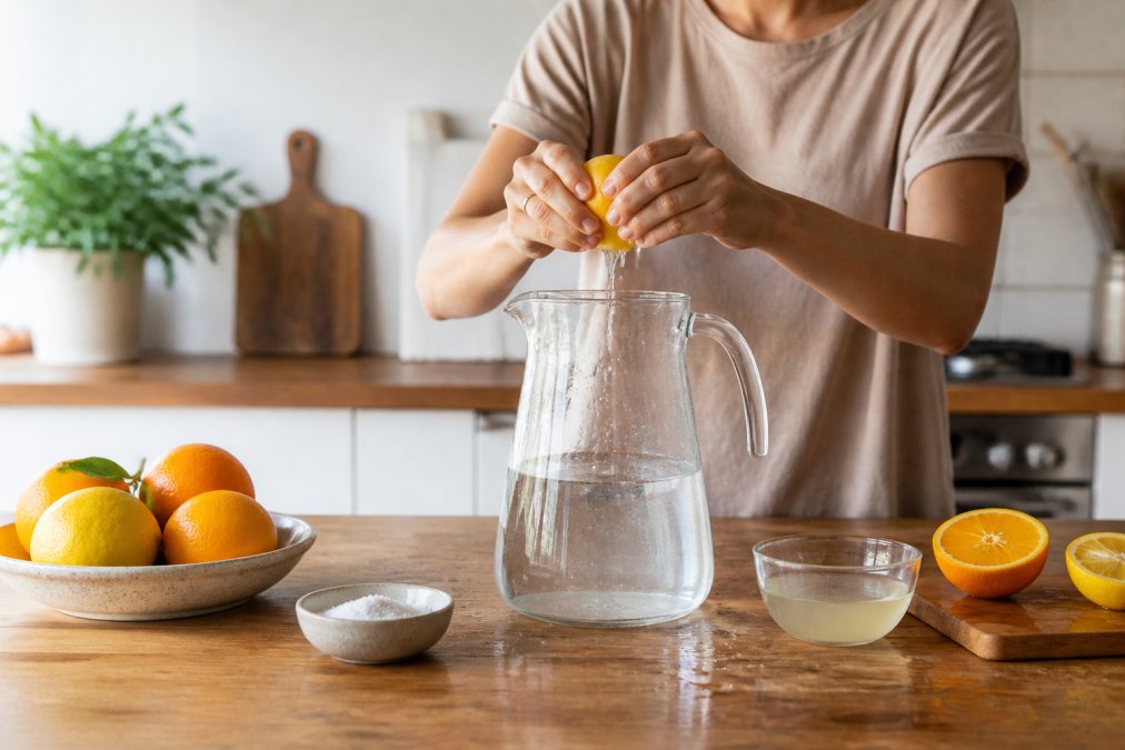 A person in a bright kitchen squeezing fresh orange and lemon into a glass pitcher of water, with small bowls of sea salt and coconut water nearby on a wooden counter