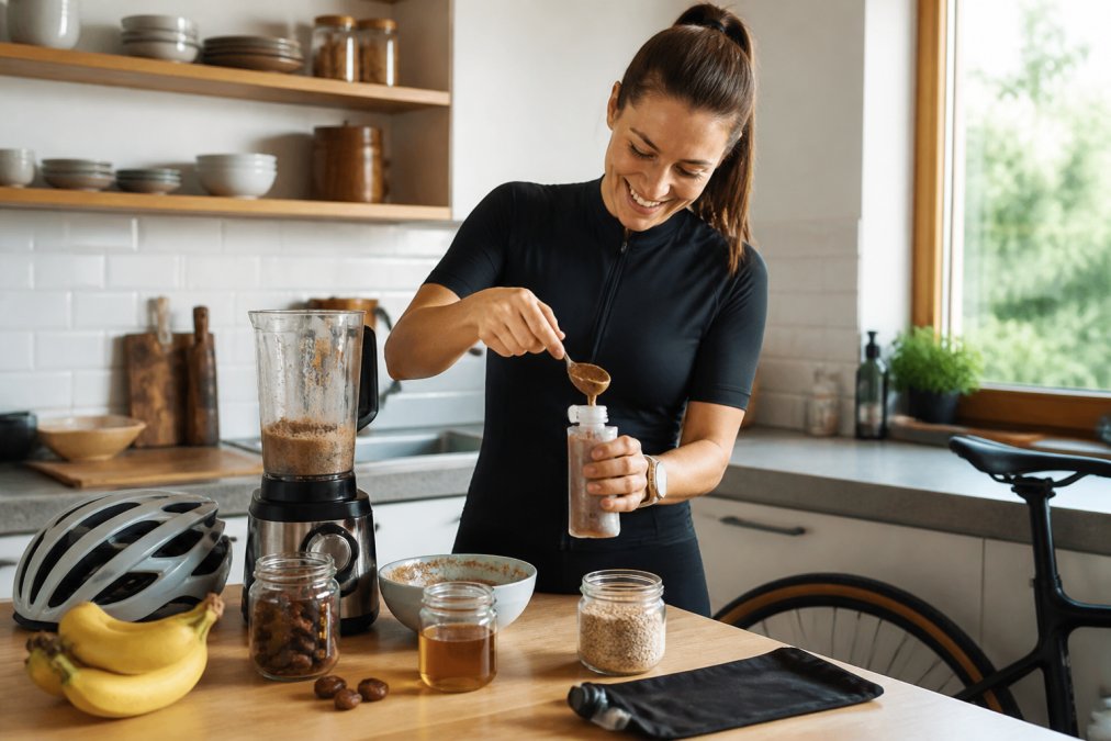 A cyclist's kitchen counter with a small blender, jars of maple syrup, dates, and a reusable gel flask being filled, natural light