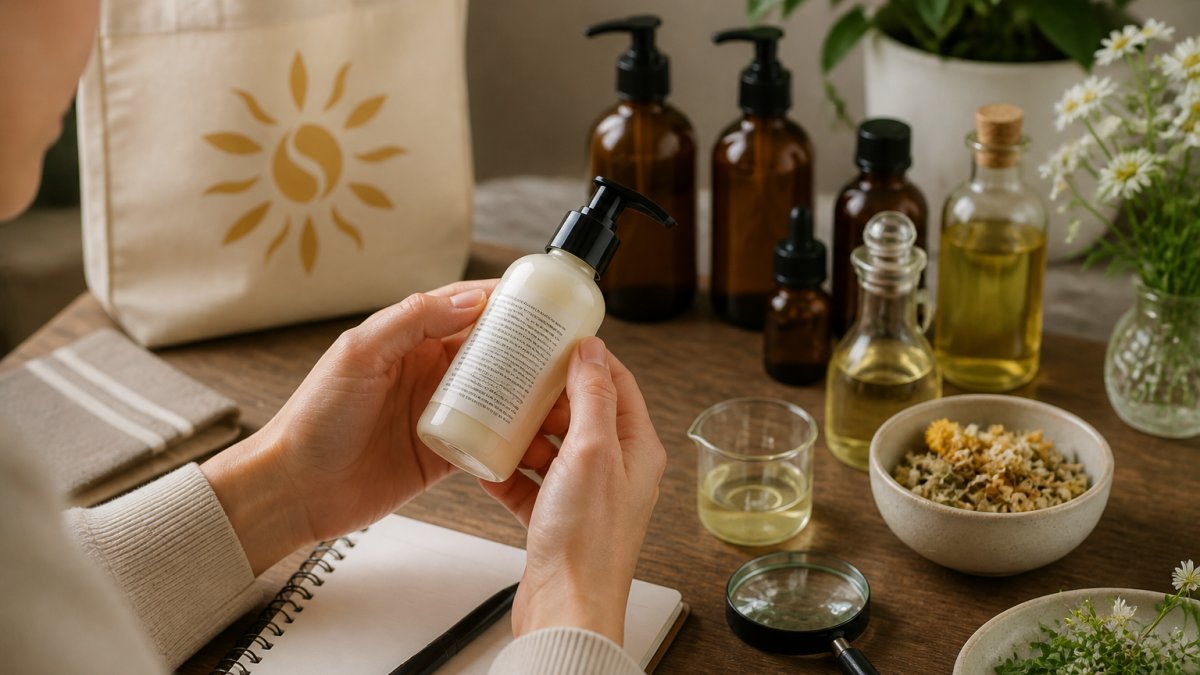 Close-up of hands holding a skincare product bottle, examining the ingredient label in natural light with a magnifying glass nearby