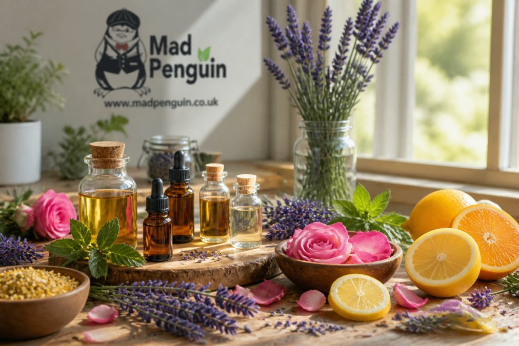 Close-up of glass bottles containing amber and clear essential oils with fresh lavender sprigs, rose petals, and sliced citrus fruits arranged on a natural wooden surface with soft natural window lighting