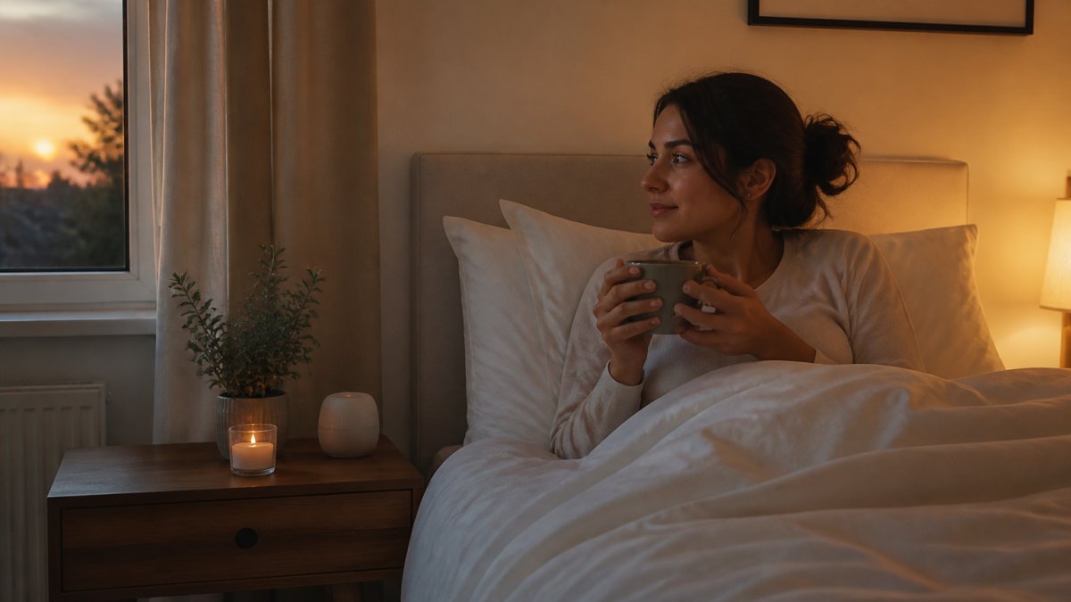 Calm bedroom at dusk with soft warm lighting, clean white bedding, and a person relaxing in bed with a warm cup of tea on the wooden nightstand near a window with gentle evening light