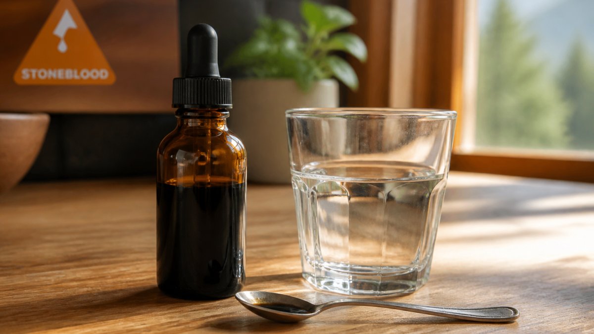 Amber dropper bottle of dark liquid mineral resin with a spoon and water on a wooden counter