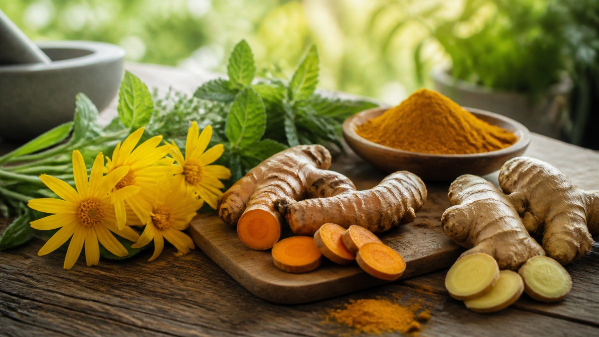 Close-up of fresh herbs including arnica, turmeric, and ginger arranged on a wooden surface with natural morning sunlight filtering through