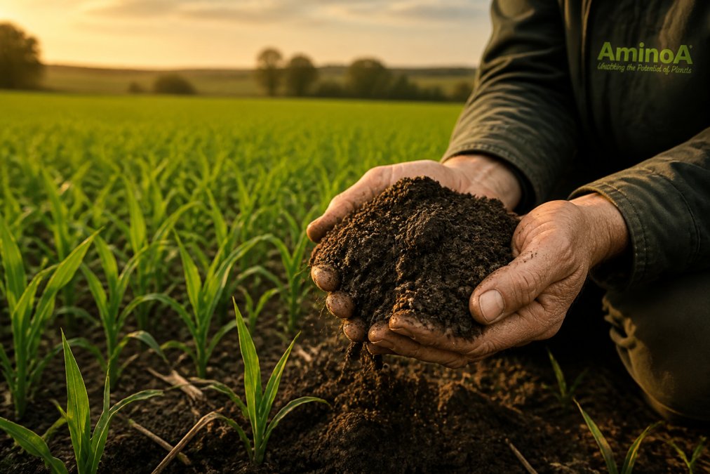 A farmer's weathered hands holding rich, dark loam soil in a cereal field during late afternoon golden light, with young wheat plants visible in the background