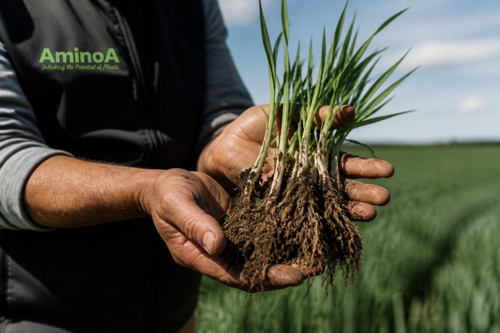 A close-up of a farmer's hands holding healthy young wheat seedlings with well-developed roots, soil visible, in a field setting under natural daylight