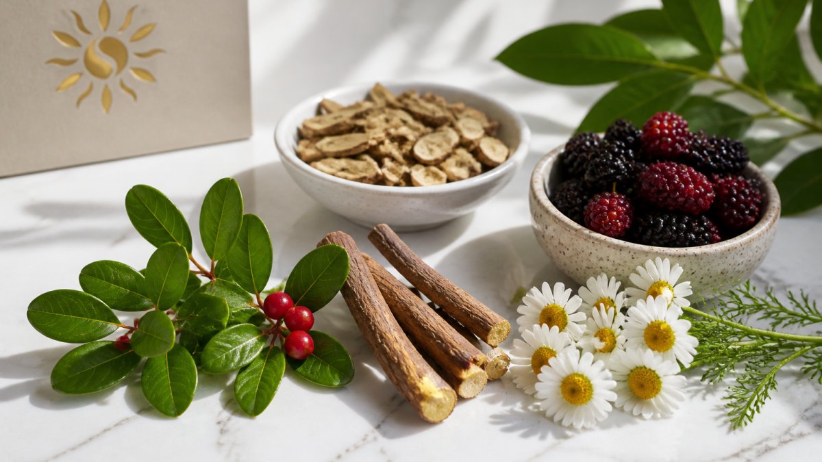 Bearberry leaves, licorice root, and mulberry arranged as natural alternatives to synthetic skin brighteners.