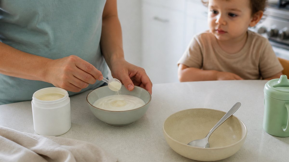 Parent stirring a scoop of nutritional powder into a bowl of yogurt for a toddler on a kitchen counter