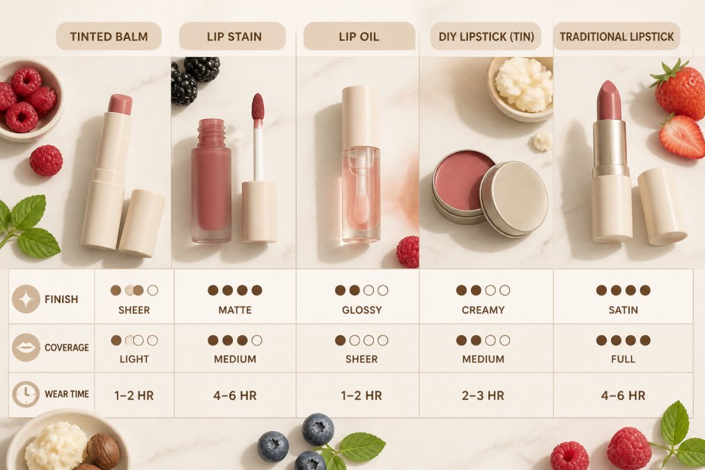 Comparison chart of five natural lip product types arranged on marble with raw shea and fresh berries for visual context.