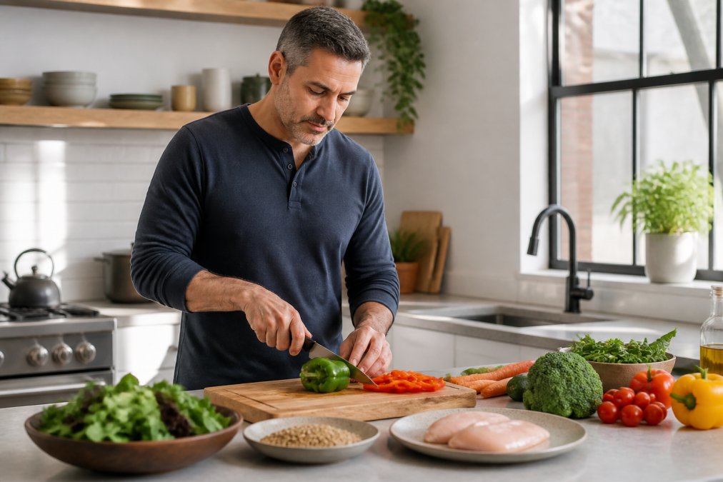 Middle-aged professional preparing a healthy meal with fresh vegetables, lean protein, and whole grains in a modern kitchen with natural sunlight streaming through window, focused expression while chopping vegetables
