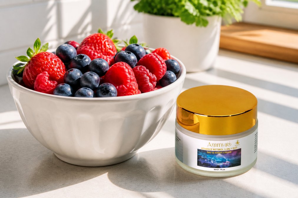 Close-up of fresh mixed berries including blueberries, raspberries, and strawberries in a white ceramic bowl on a bright kitchen counter with natural morning sunlight streaming across the surface