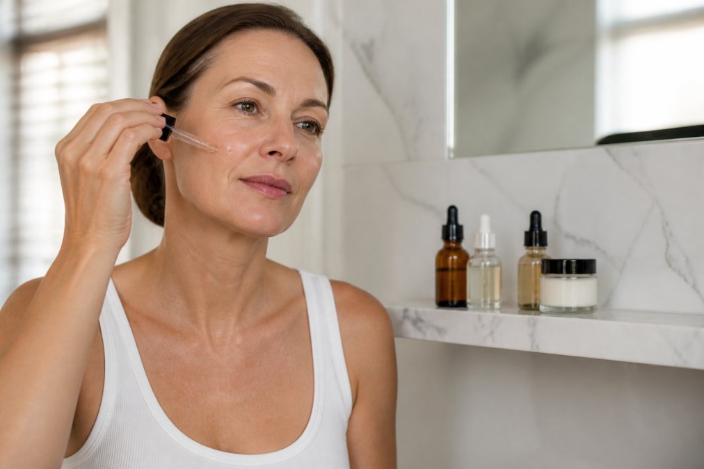 A woman in her forties applying a few drops of facial serum to her cheek in a bright bathroom, glass bottles of serum and moisturiser arranged neatly on a marble shelf beside her