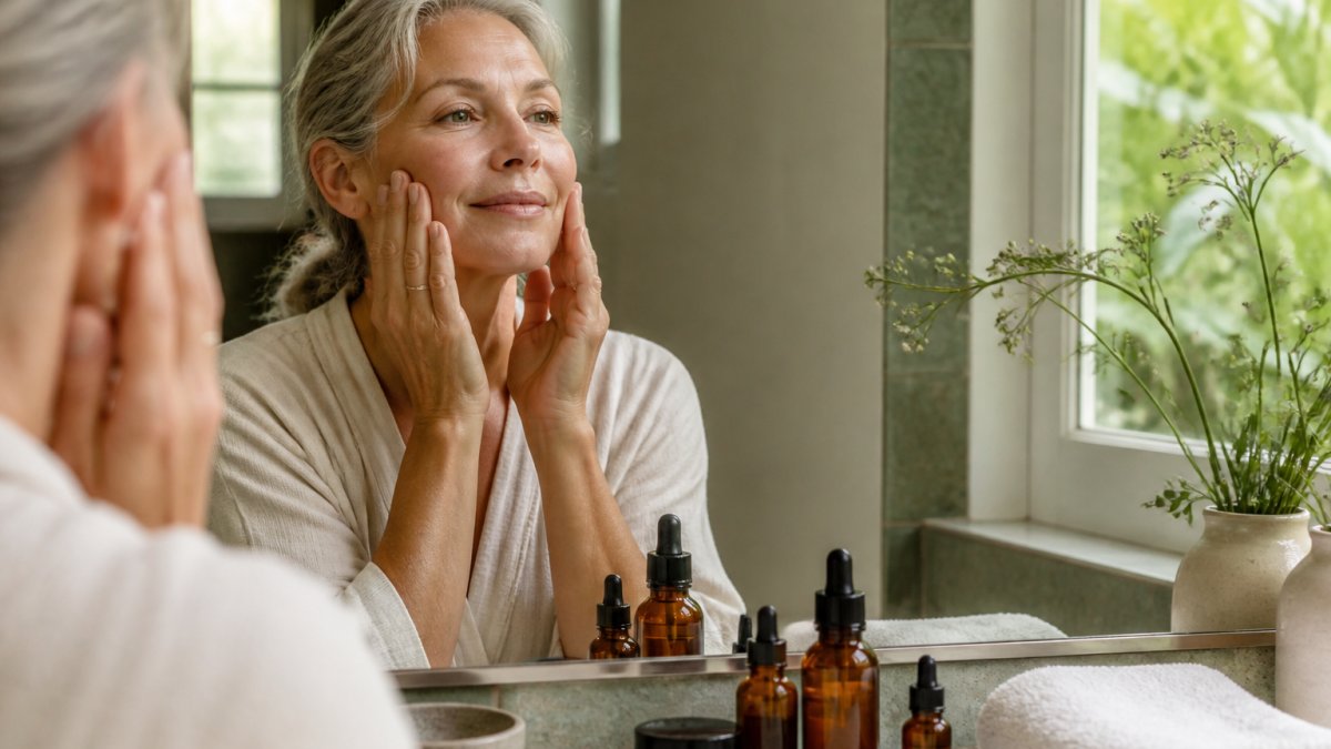 A woman in her fifties applying facial oil with her fingertips at a bathroom vanity, amber glass bottles and a soft towel arranged nearby, warm morning light through a window