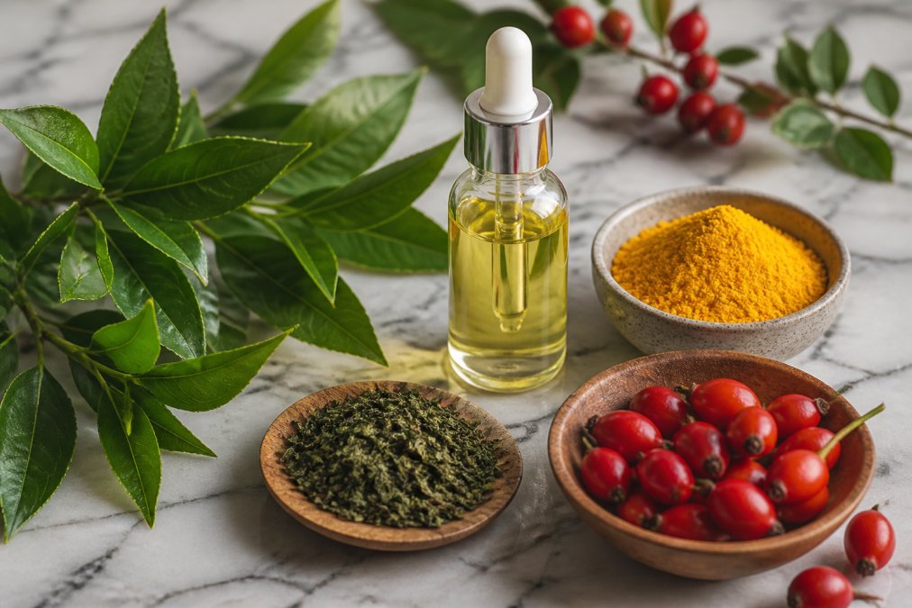 Close-up of natural botanical ingredients including green tea leaves, rosehip berries, and vitamin C powder arranged on a marble surface with a glass dropper bottle