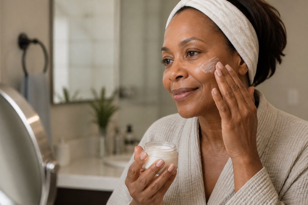 A woman in her 50s with luminous skin gently applying a natural night cream to her face in a soft-lit bathroom, reflecting a calm self-care moment