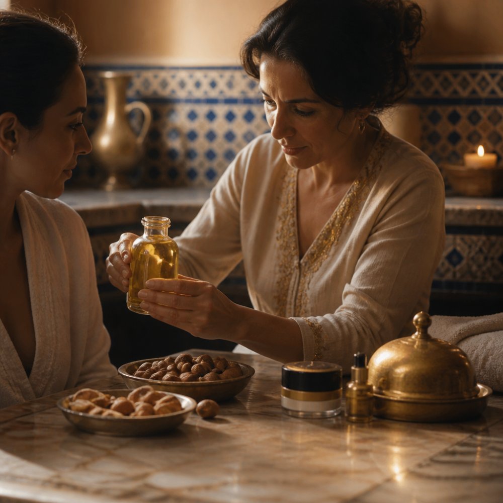 Hands holding a clear glass bottle of golden argan oil with fresh argan nuts and cracked shells on a warm marble surface in soft natural lighting